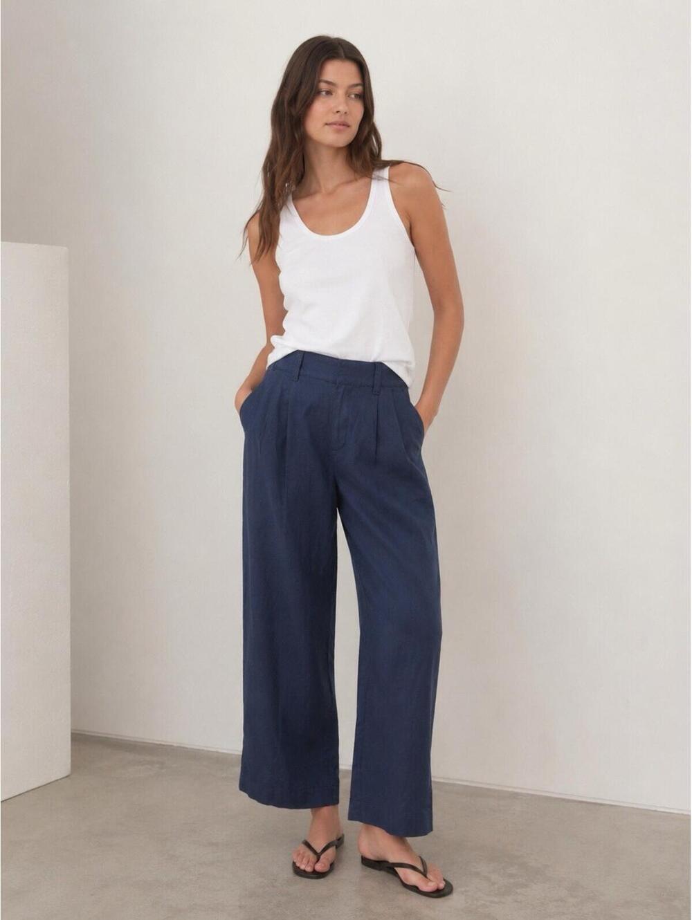 Gap NEW 365 Navy Blue Pleated Linen Straight Wide Leg High Rise Trousers Sz 0P